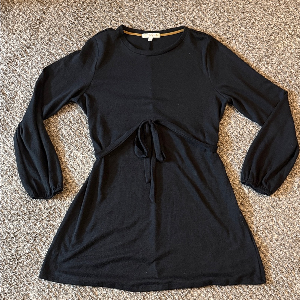 Rewind Black Long-Sleeve Tie-Front Dress